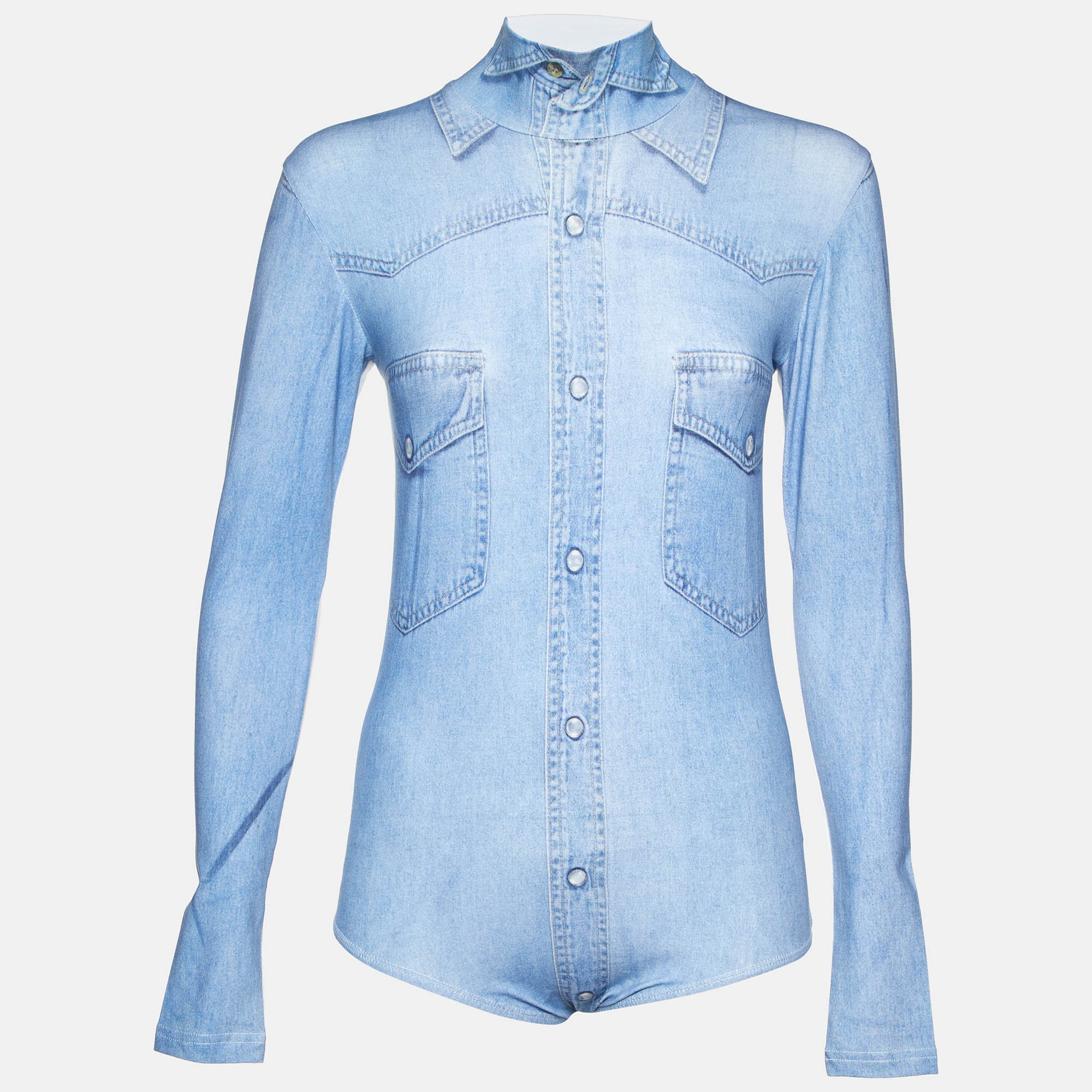 

Vetements Blue Denim Print Cotton Long Sleeve Bodysuit S