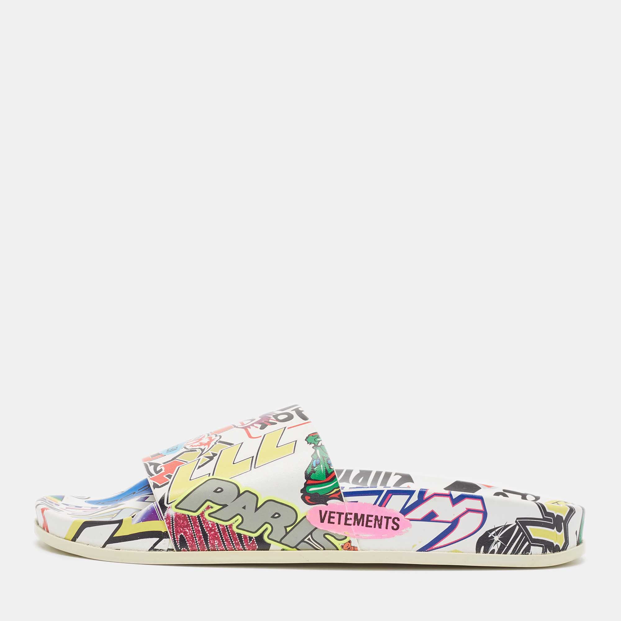 

Vetements Multicolor Sticker Print Leather Pool Slides Size