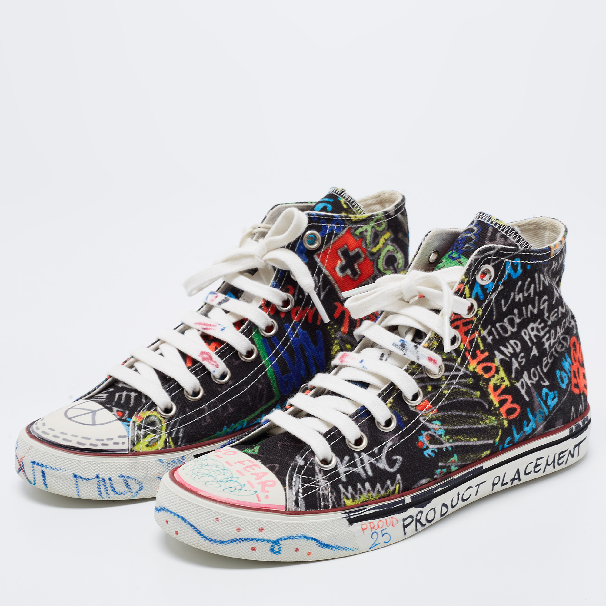 

Vetements Multicolor Graffitti Canvas High Top Sneakers Size