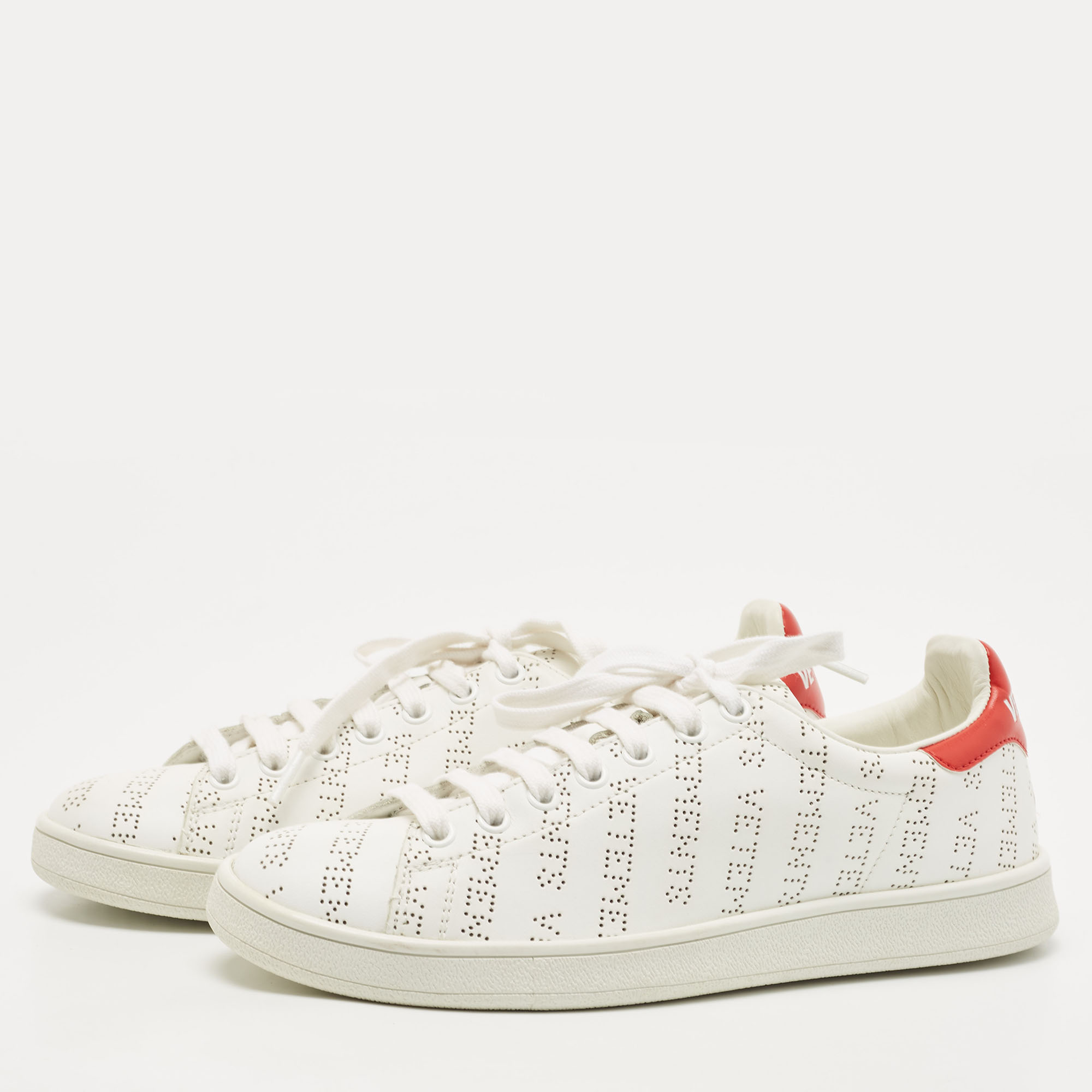 

Vetements White/Red Perforated Logo Leather Low Top Sneakers Size