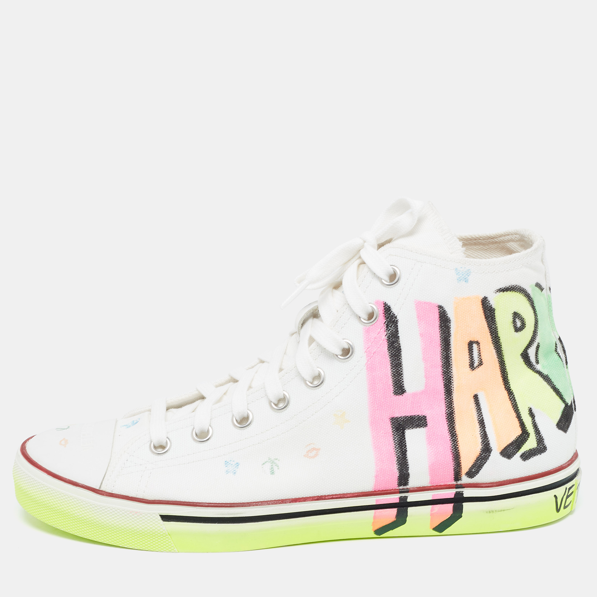 

Vetements White Canvas Printed Hard Core Happiness High Top Sneakers Size
