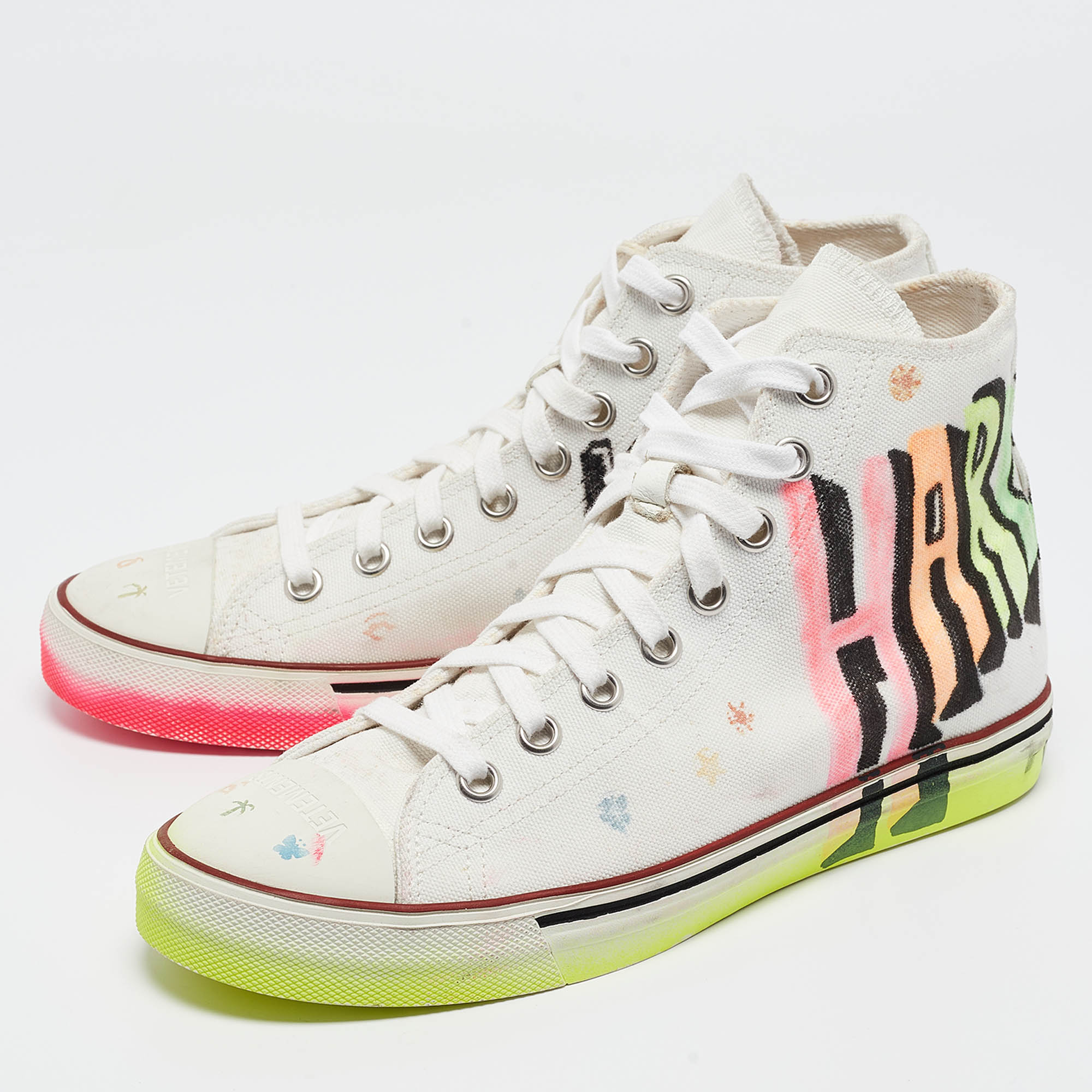 Vetements White Canvas Printed Hard Core Happiness High Top Sneakers Size 39 