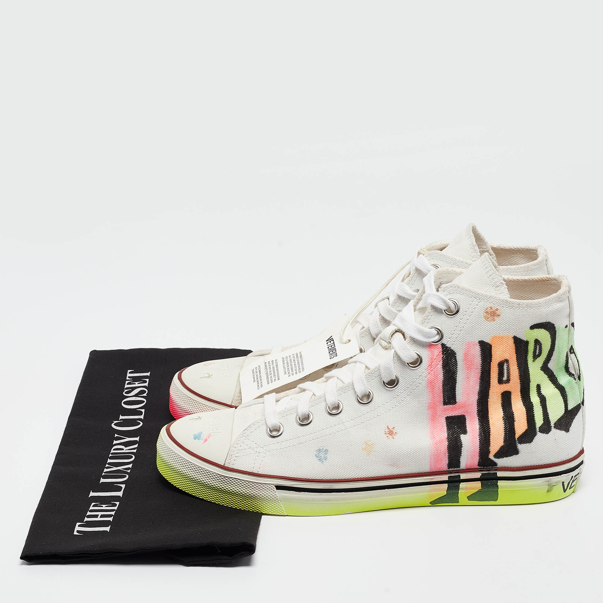 Vetements White Canvas Printed Hard Core Happiness High Top Sneakers Size 39 