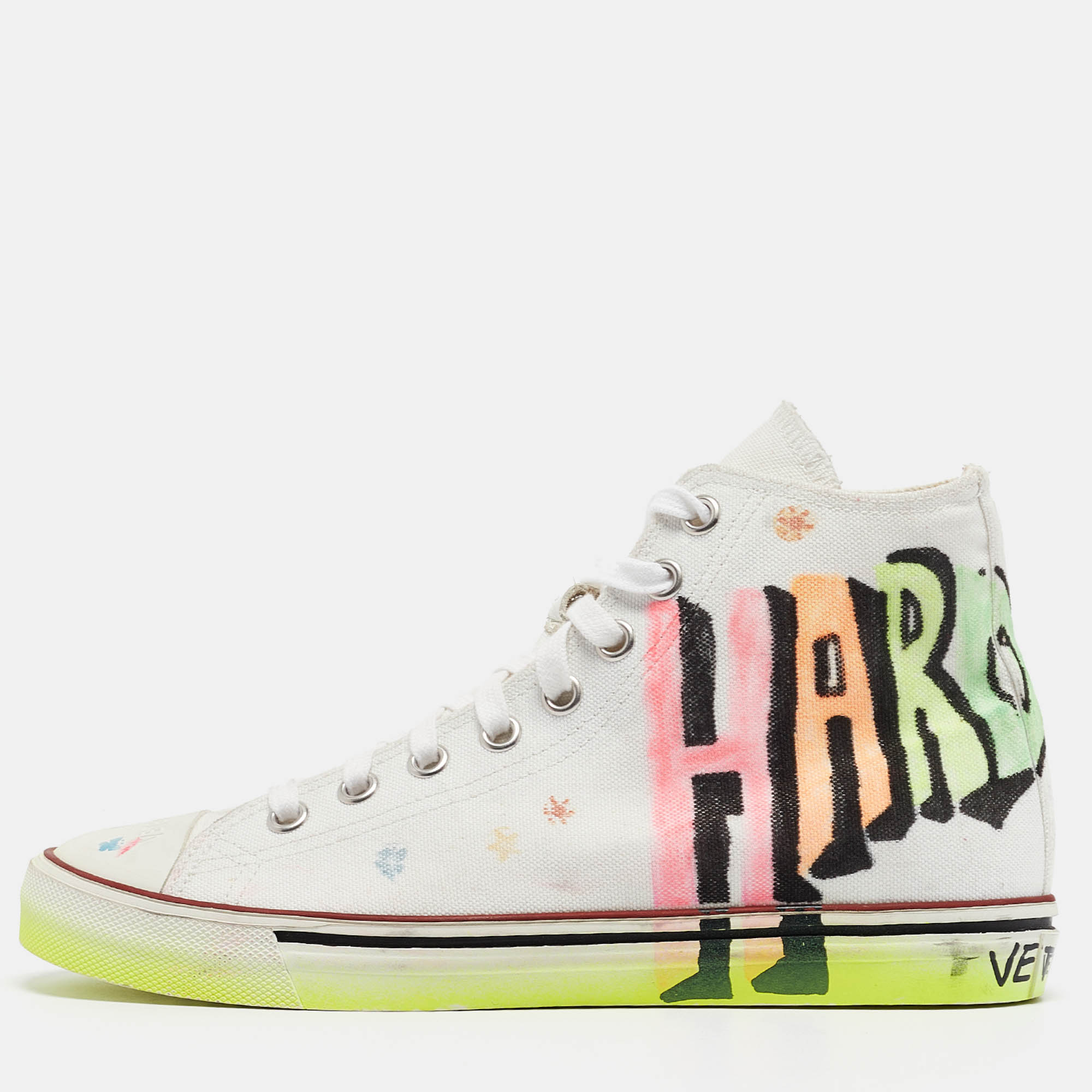 

Vetements White Canvas Printed Hard Core Happiness High Top Sneakers Size