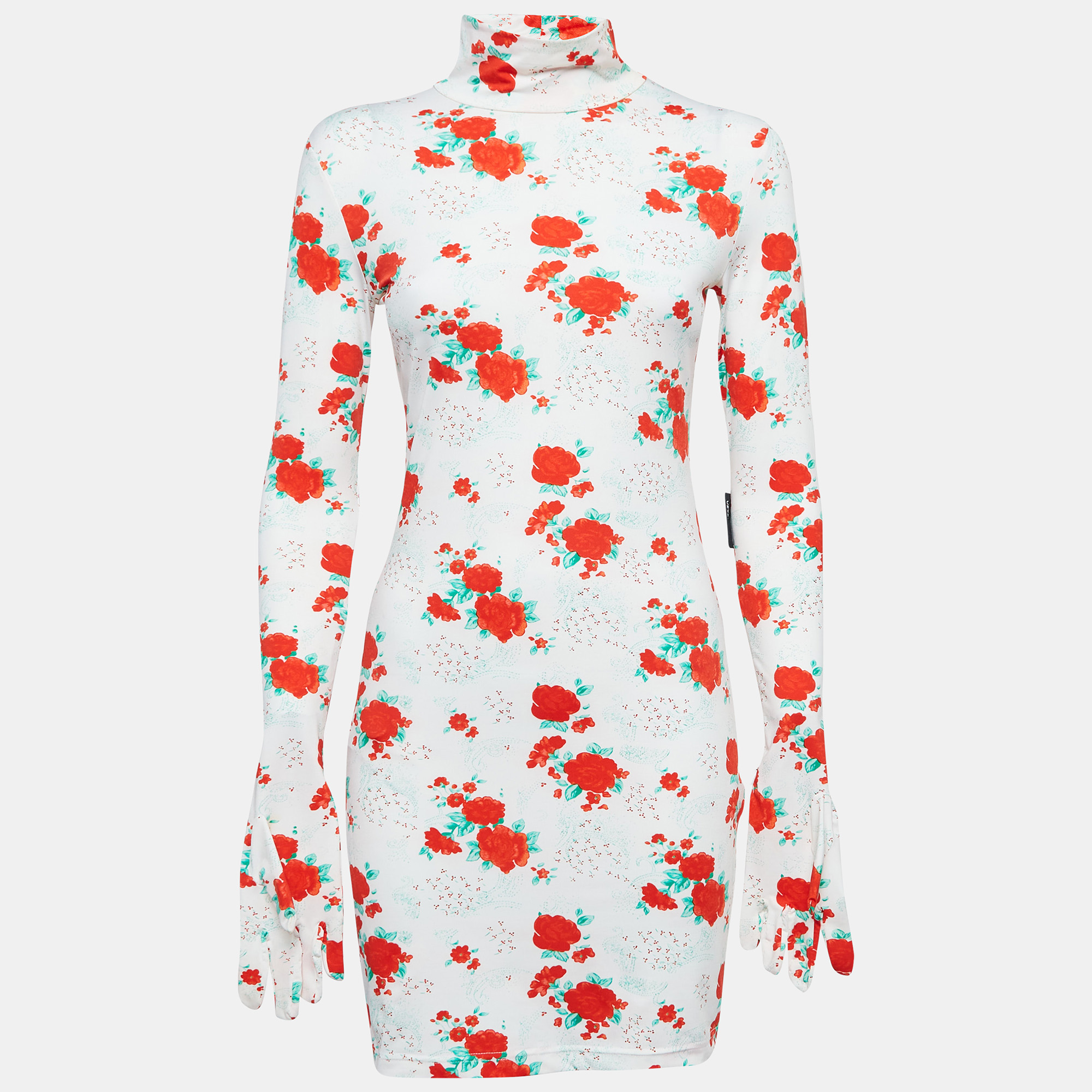 

Vetements White Floral Print Jersey Bodycon Mini Dress With Golves M