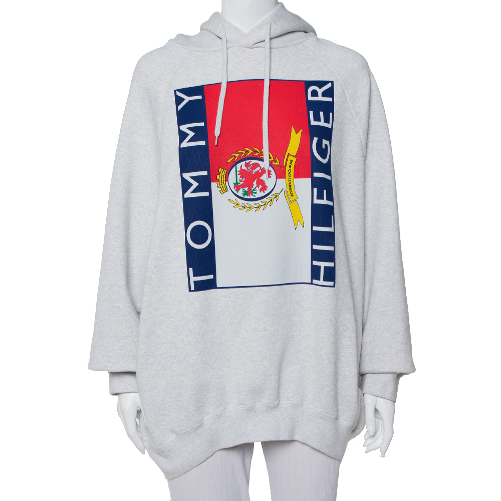 Pre-owned Vetements X Tommy Hilfiger Grey Logo Printed Knit Hooded Sweatshirt S