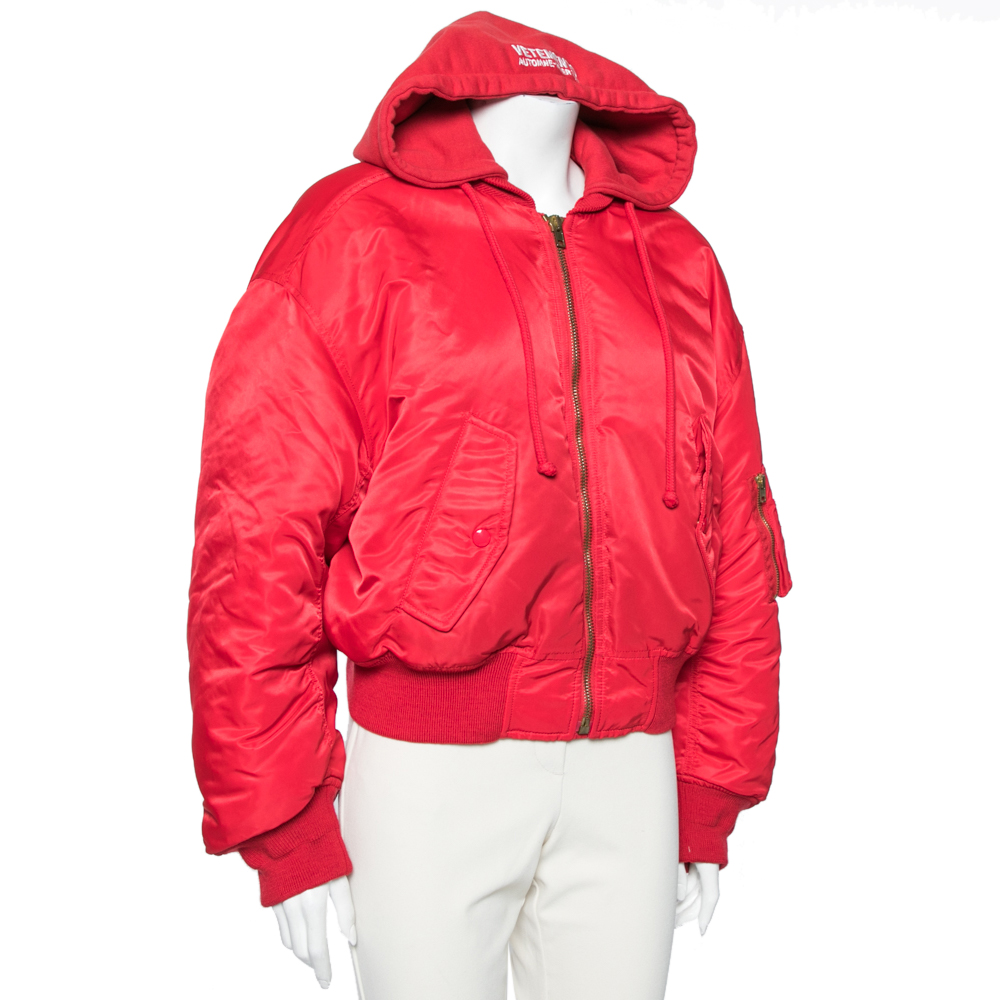 

Vetements Red Puffer Oversized Cropped Hooded Bomber Jacket