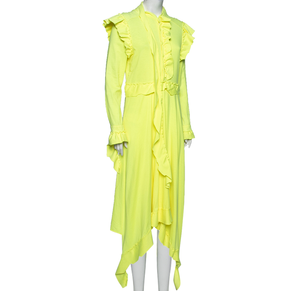 

Vetements Neon Yellow Cotton Frayed Ruffled Dress