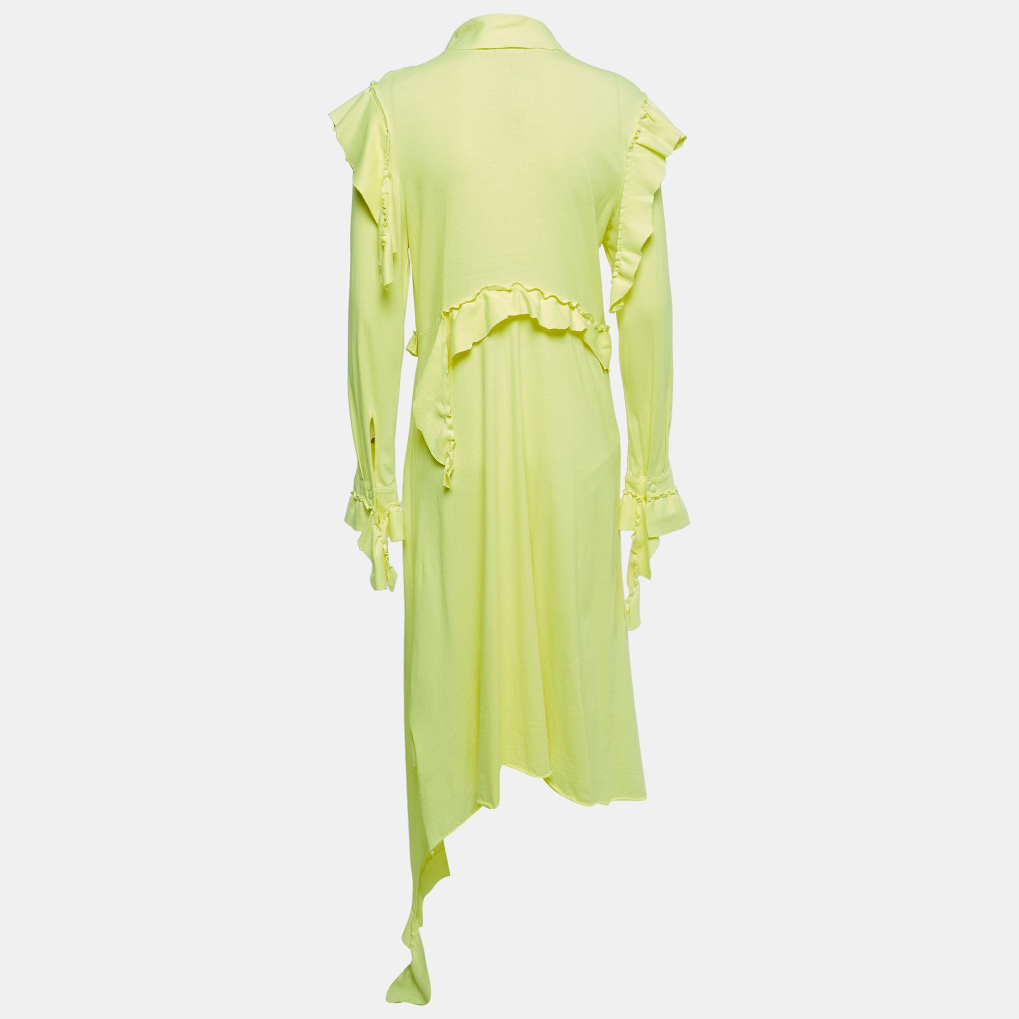 

Vetements Neon Yellow Cotton Knit Full Sleeve Ruffled Asymmetrical Midi Dress