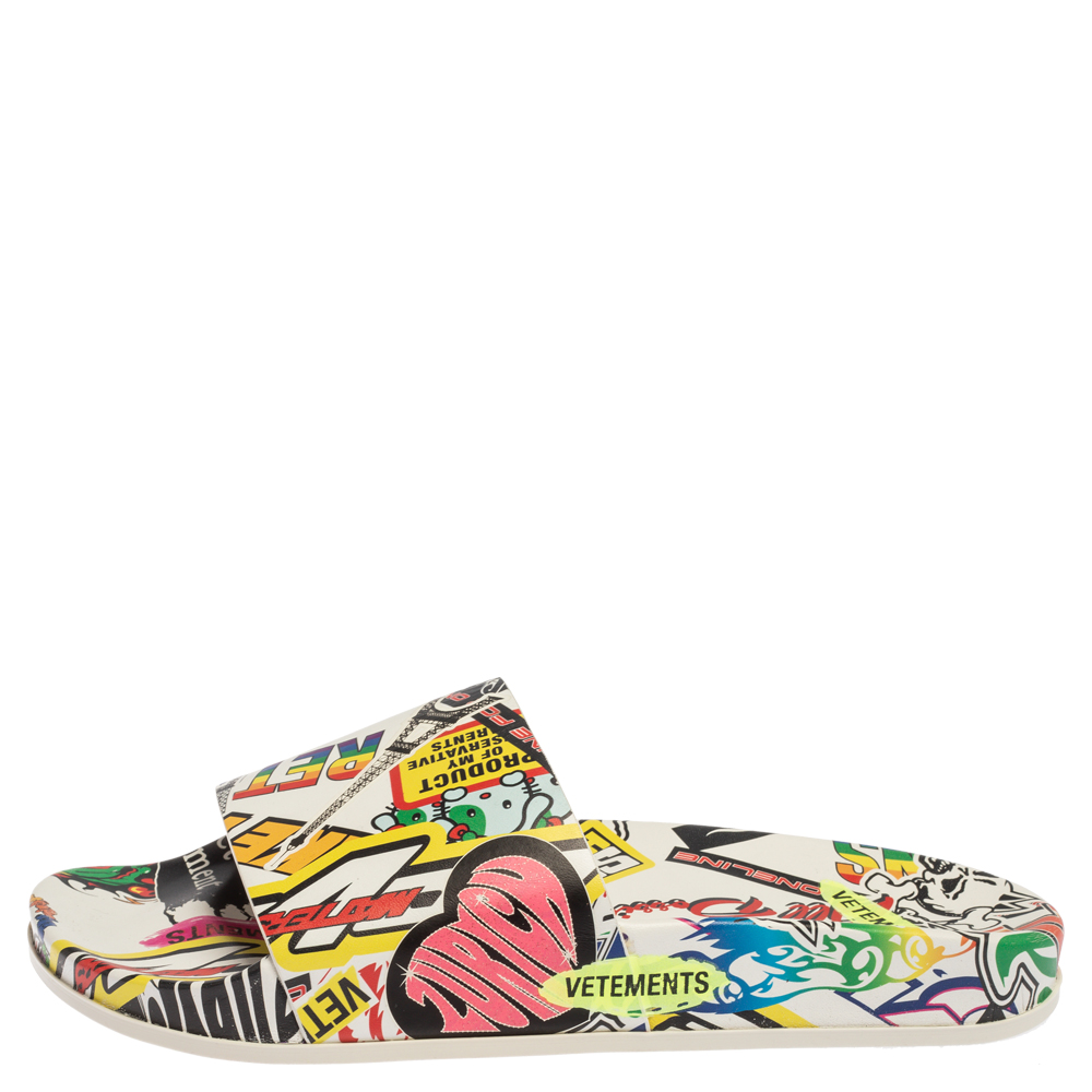 

Vetements White/Multicolor Leather Sticker Slippers Size