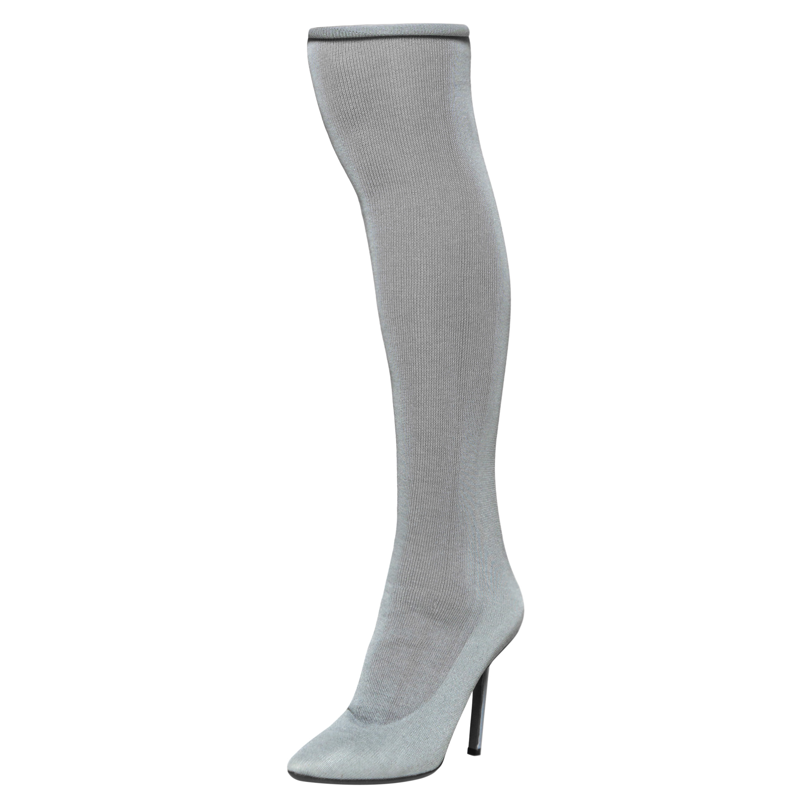 Pre-owned Vetements Grey Stretch Fabric Knee High Boots Size 37