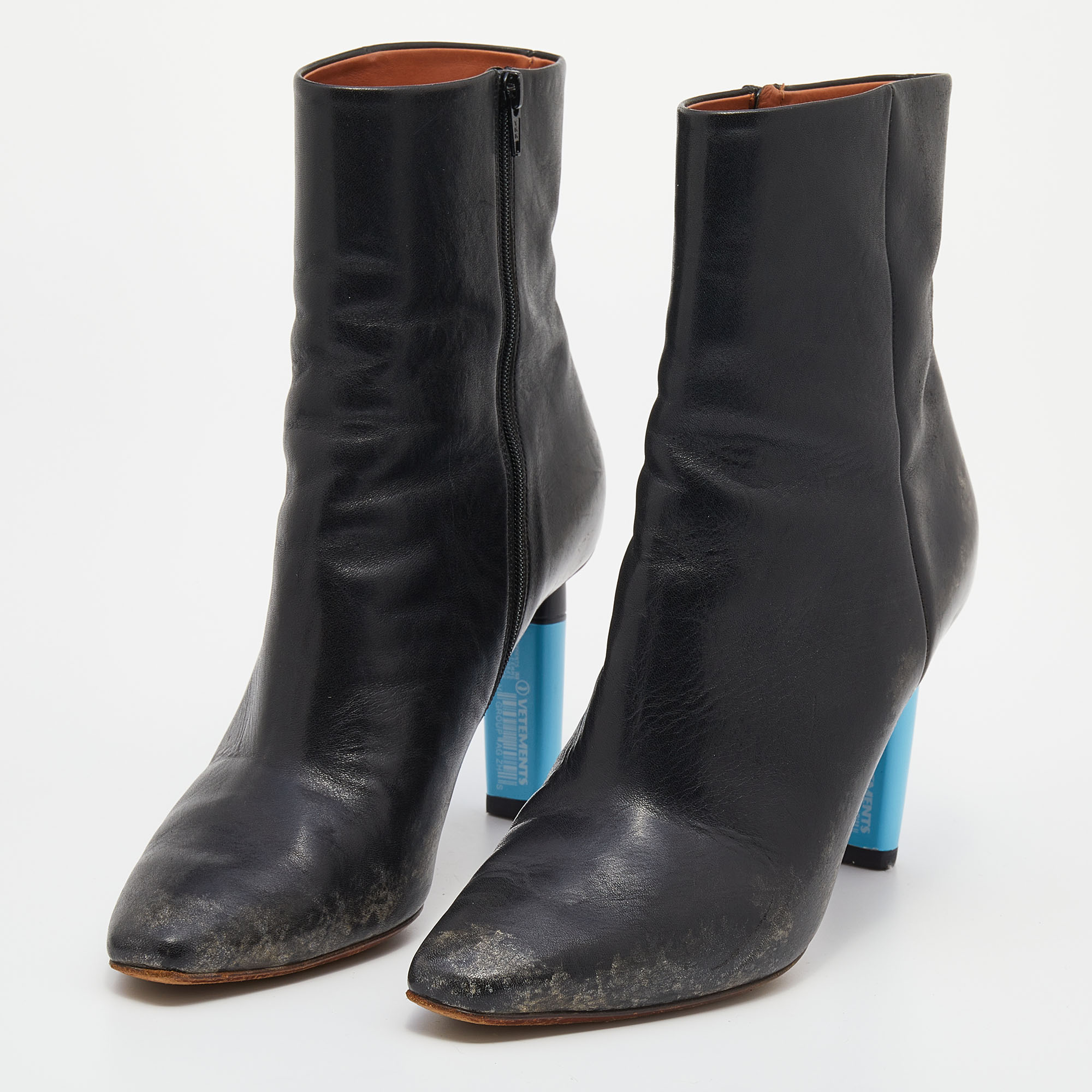 

Vetements Black Leather Gypsy Blue Highlighter Heel Ankle Boots Size