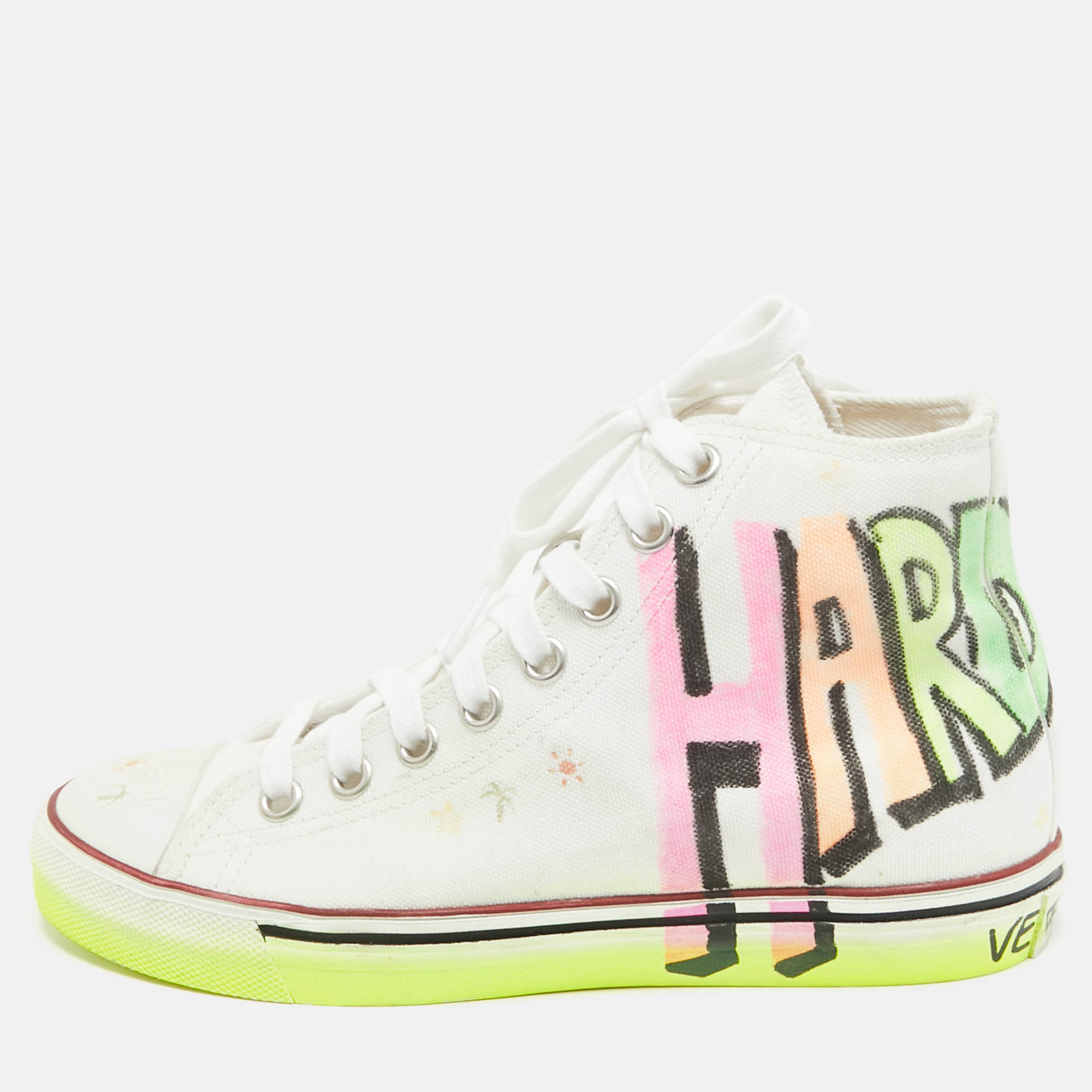

Vetements White Canvas Printed Hard Core Happiness High Top Sneakers Size 36.5
