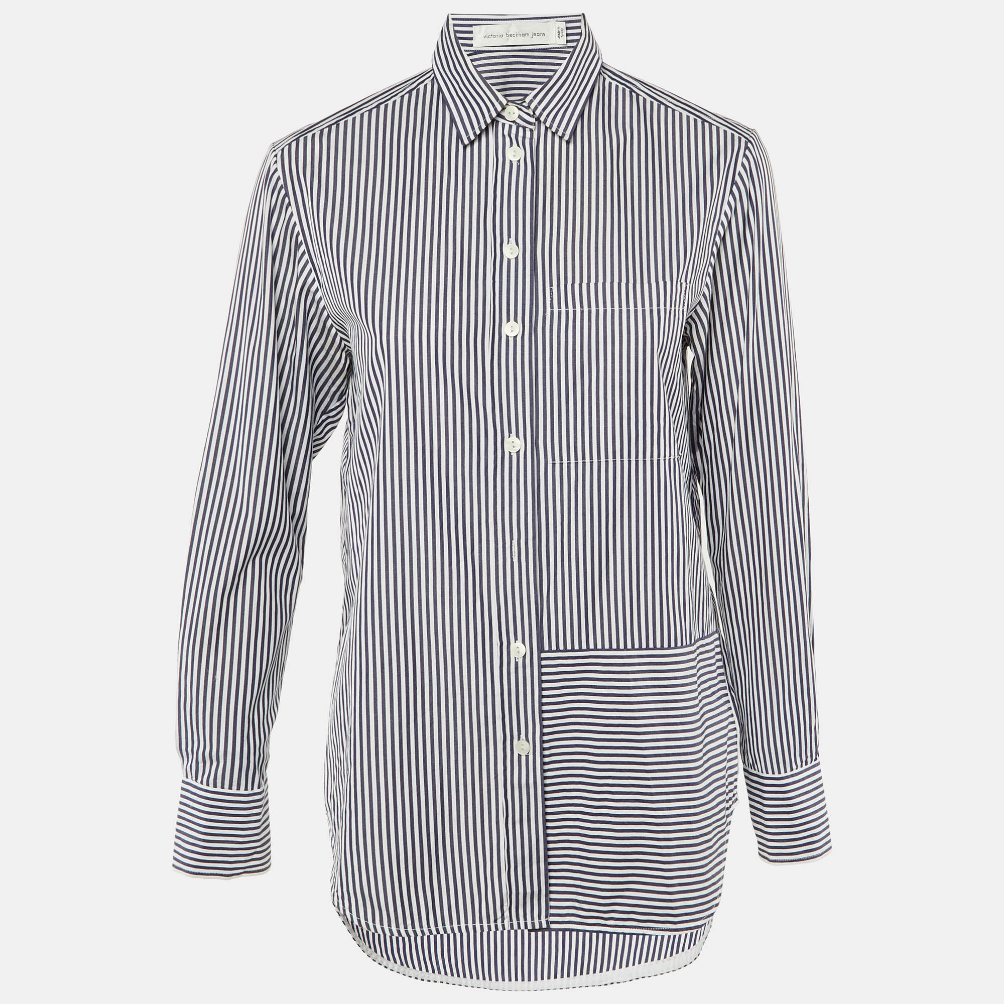 

Victoria Beckham Jeans Navy Blue Striped Cotton Button Front Shirt S