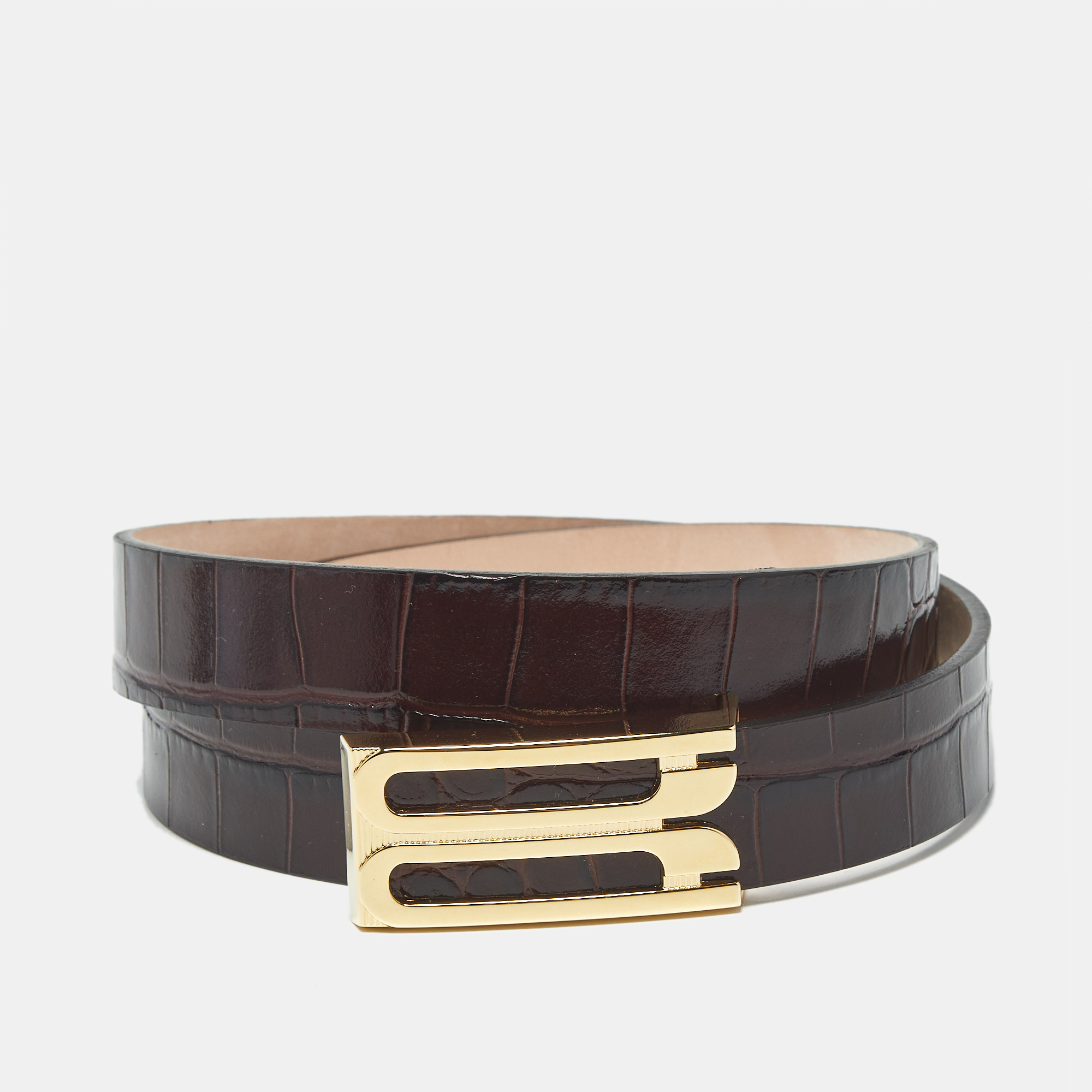 

Victoria Beckham Brown Croc Embossed Leather Dorian Belt
