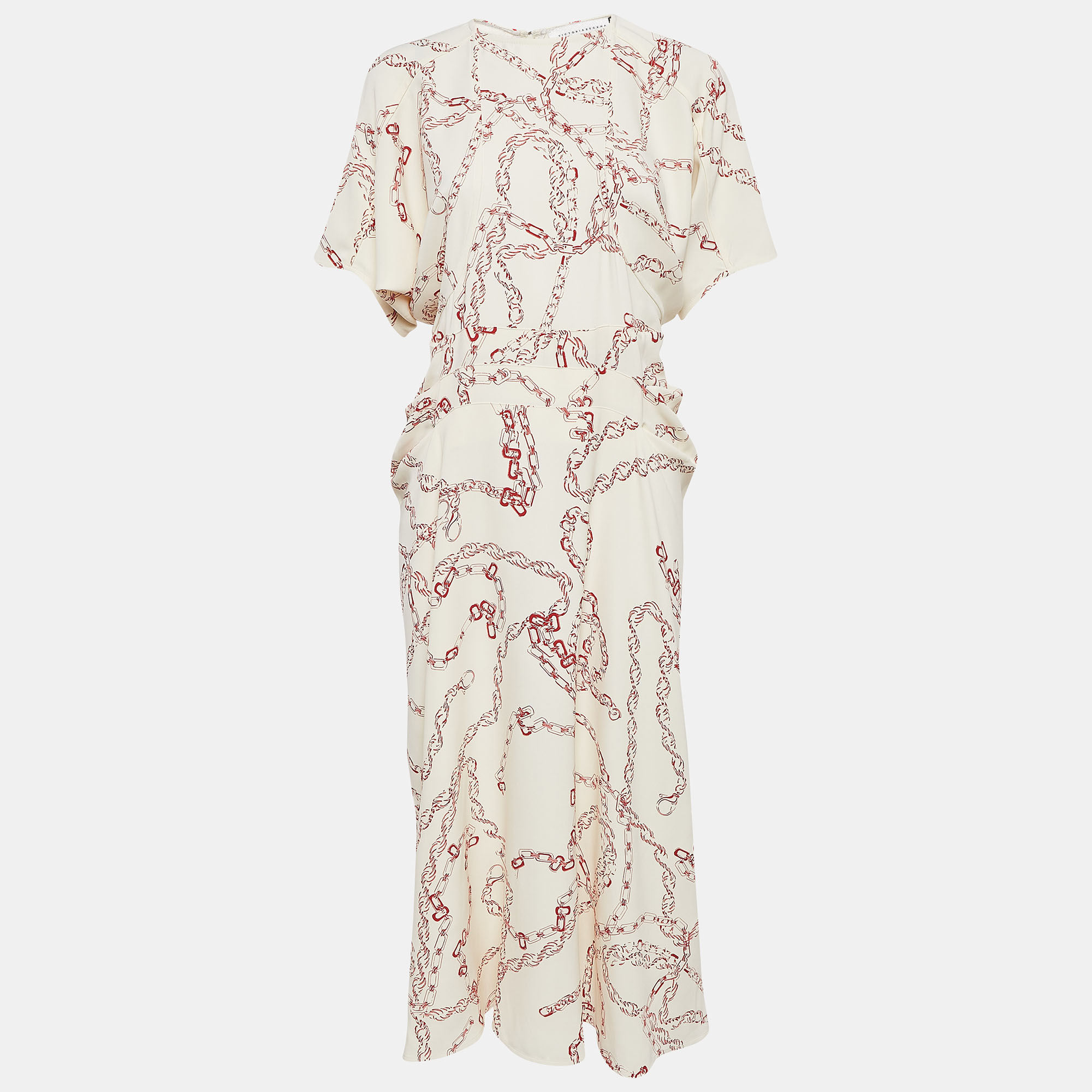 

Victoria Beckham White/Red Chain Print Stretch Crepe Midi Dress M, Cream