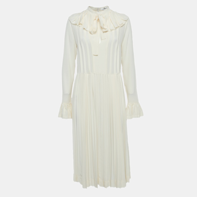 Pre-owned Victoria Beckham Vanilla Cream Pleated Silk Tea Dress S