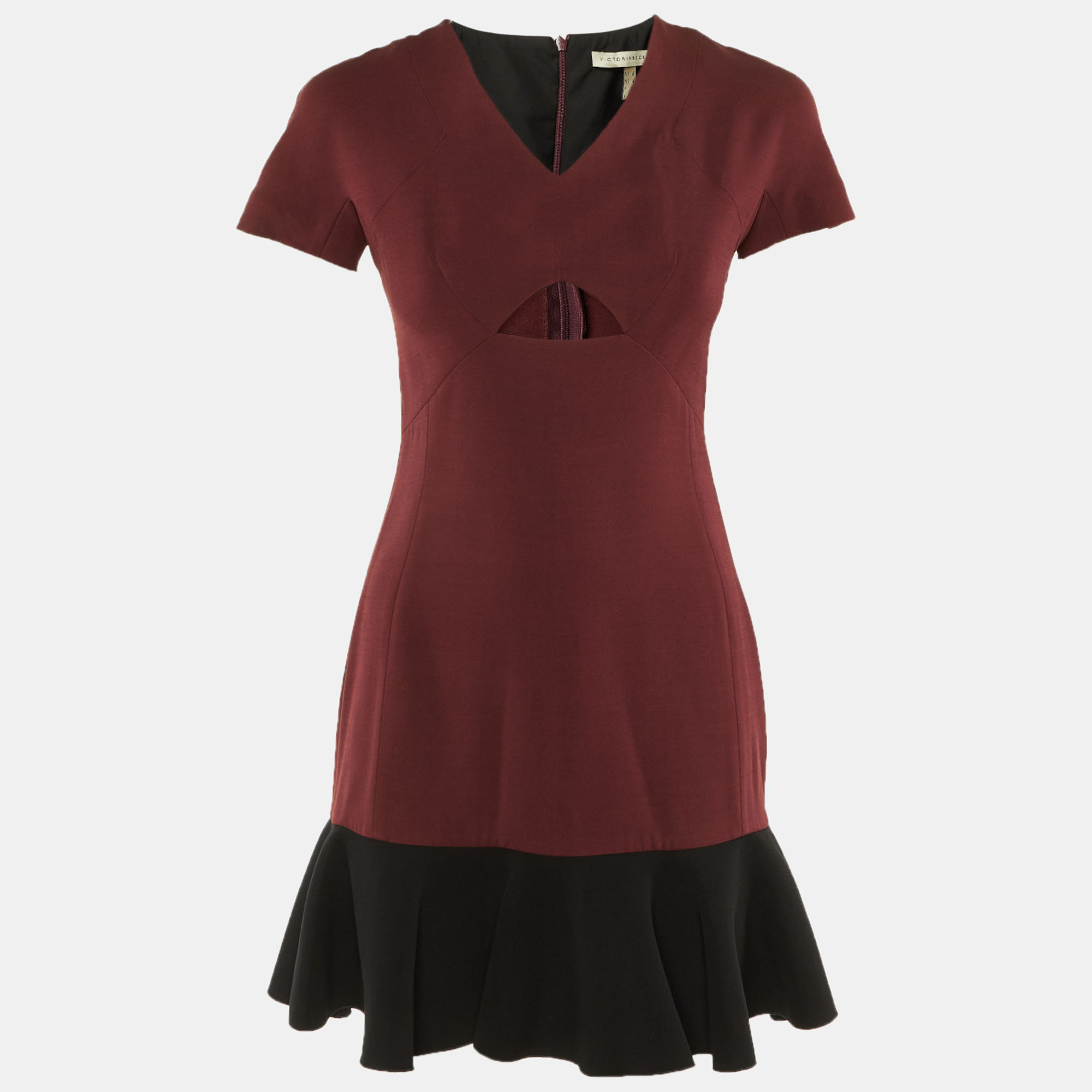 

Victoria Beckham Burgundy/Black Silk & Wool Flounced Hem Mini Dress S