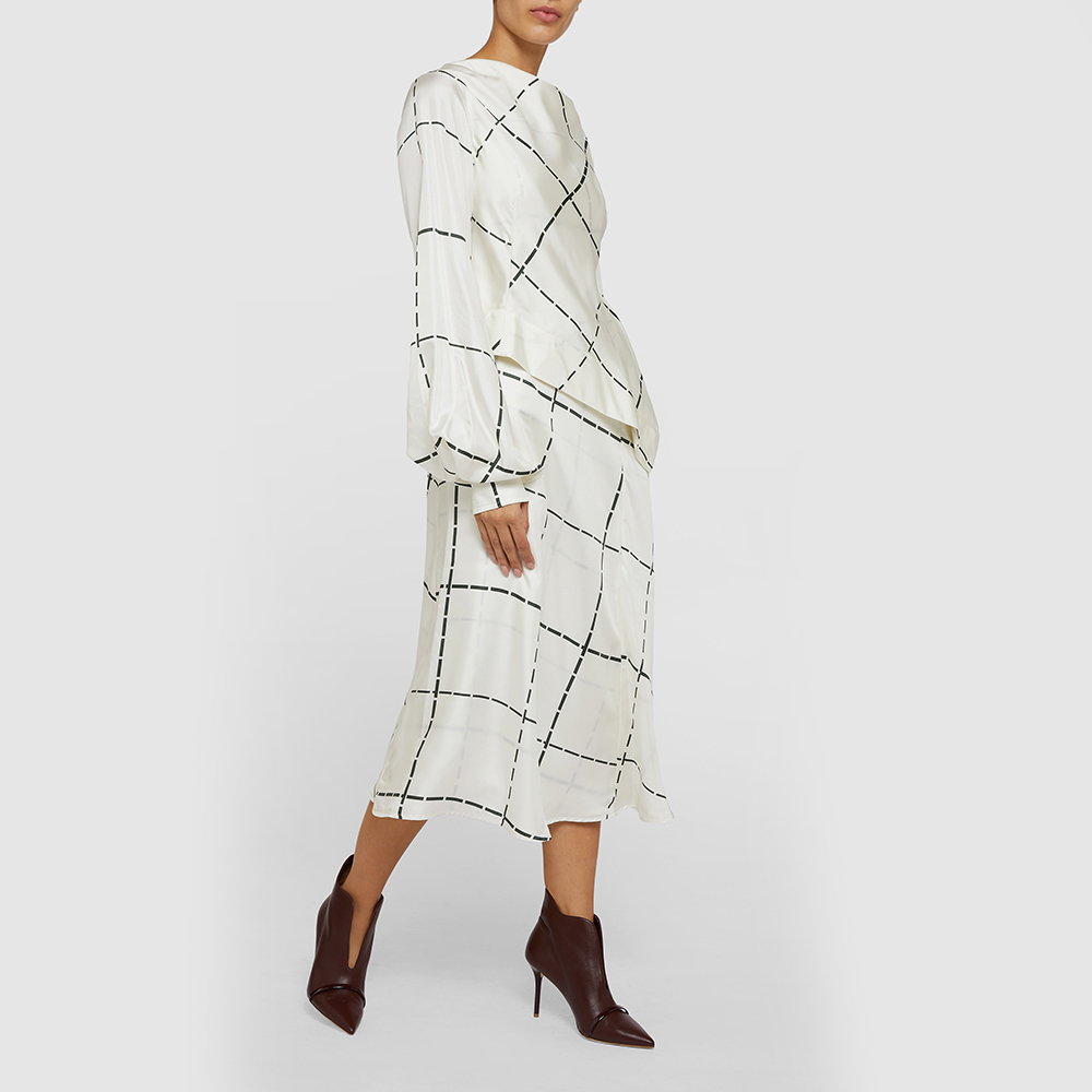 

Victoria Beckham Cream Check-Print Draped Sleeve Silk Midi Dress UK 6