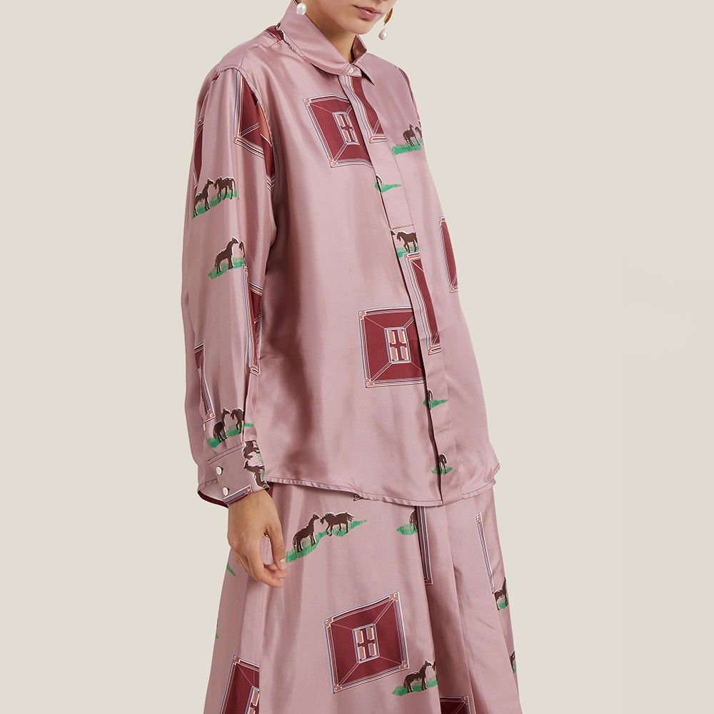 

Victoria Beckham Pink Horse-Print Oversized Silk Blouse UK 8