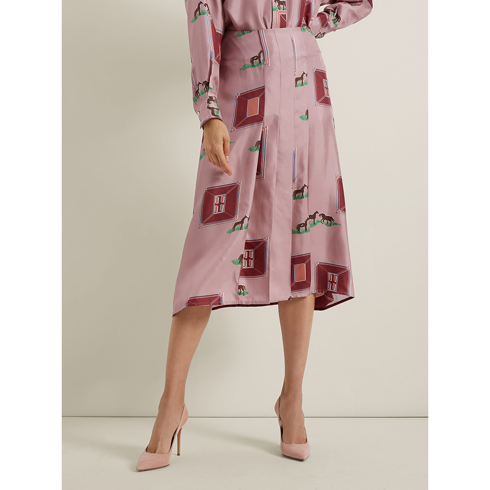 

Victoria Beckham Pink Horse-Print Pleated Silk Skirt UK 10
