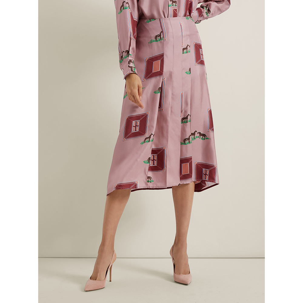 

Victoria Beckham Pink Horse-Print Pleated Silk Skirt UK 14