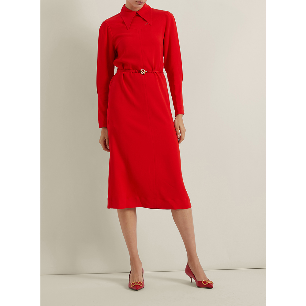 

Victoria Beckham Red Pleated Sleeves Belted Midi Dress UK 14