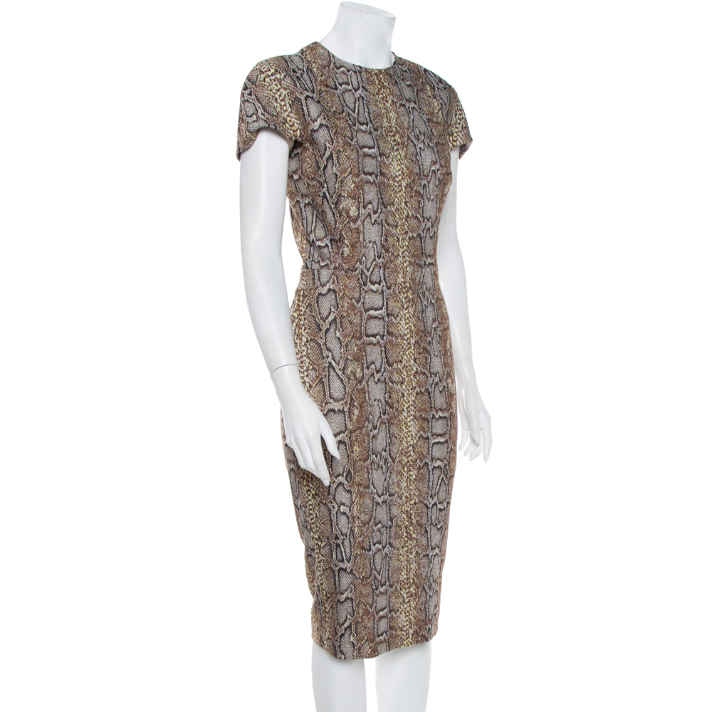 

Victoria Beckham Brown Snake Printed Cotton Jacquard Sheath Dress