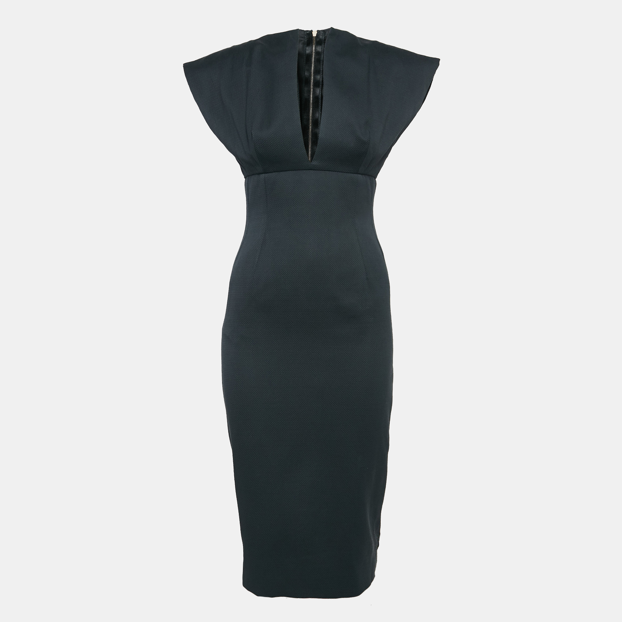 

Victoria Beckham Black Cotton Canvas Plunging Neck Sheath Dress M