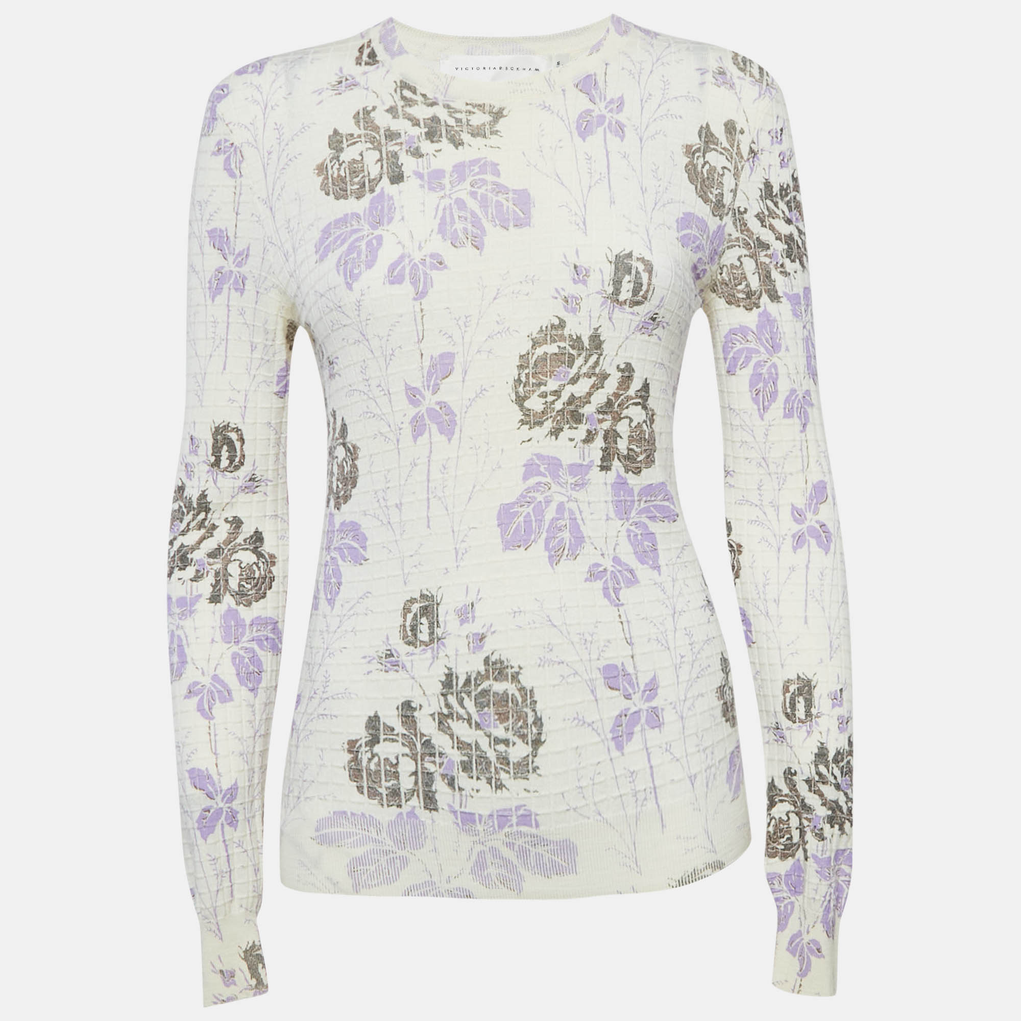 

Victoria Beckham Cream Floral Print Wool Knit Sweater S