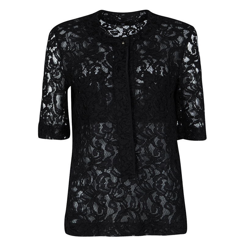 Victoria Beckham Black Lace Pocket Detail Sheer Short Sleeve Blouse XS ...