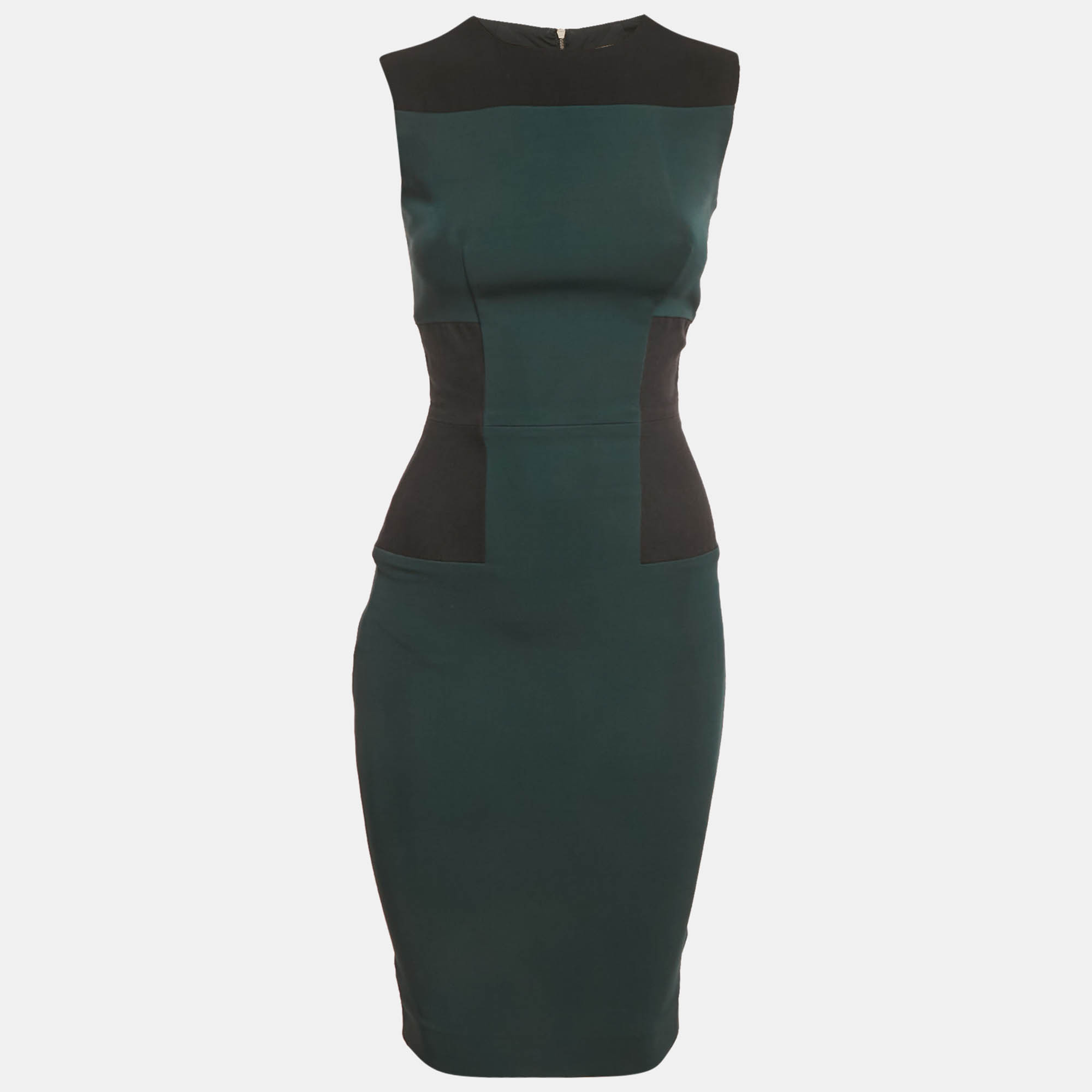 Pre-owned Victoria Beckham Green/black Crepe Side Panel Sheath Midi Dress S