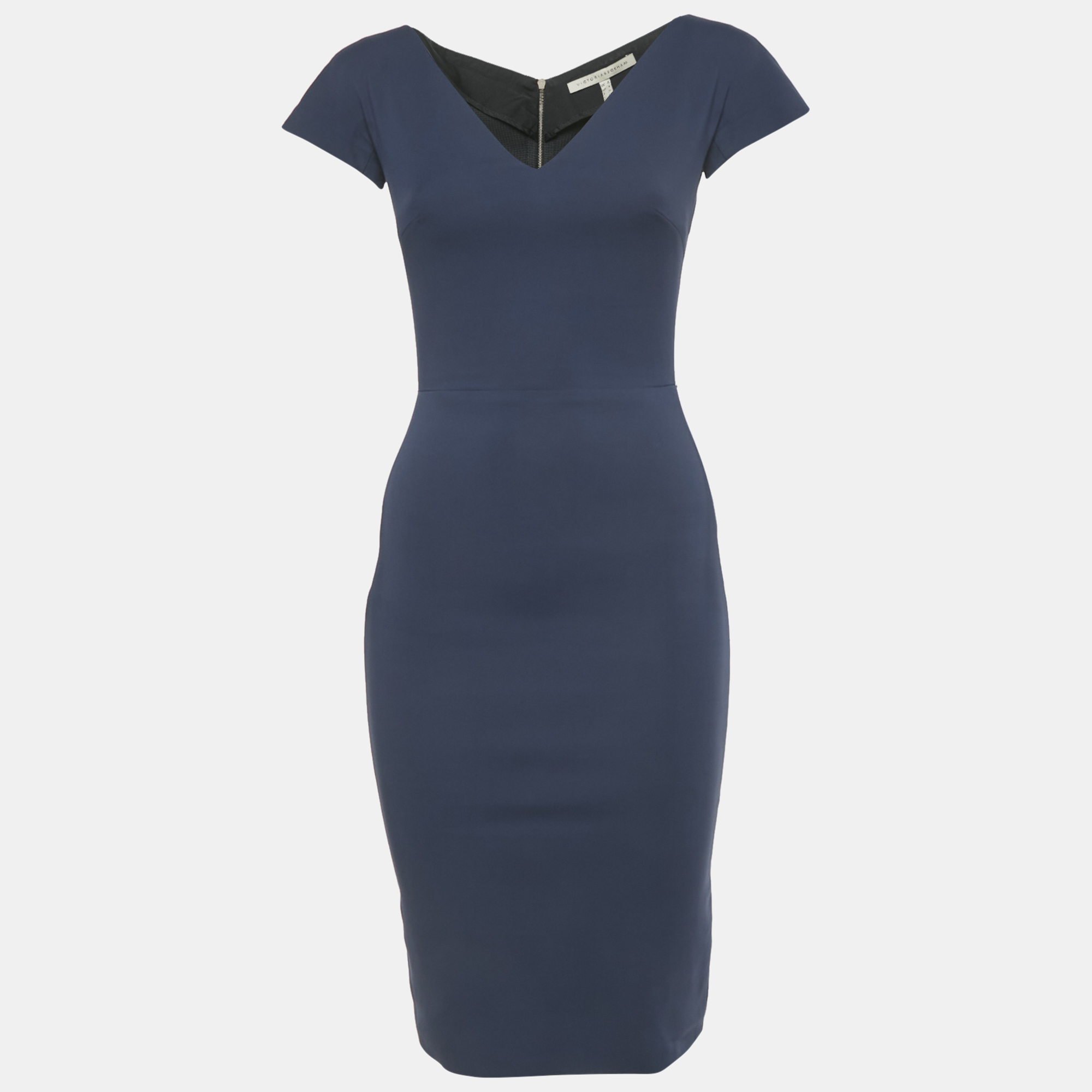 Pre-owned Victoria Beckham Navy Blue Cotton Blend Sheath Short Dress S