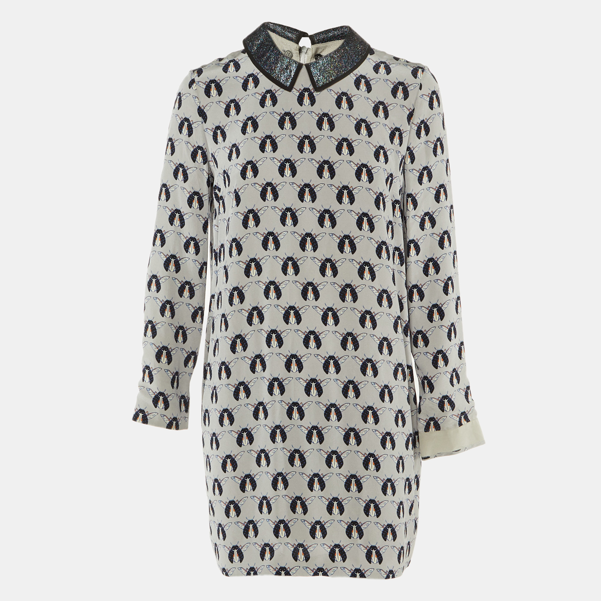 

Victoria Beckham Grey Printed Shimmer Detachable Collar Silk Dress M