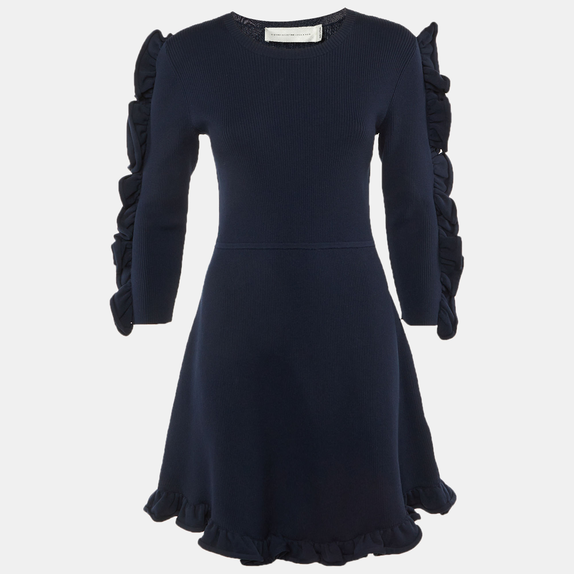 Pre-owned Victoria Beckham Navy Blue Jersey Knit Frill Detail Mini Dress M
