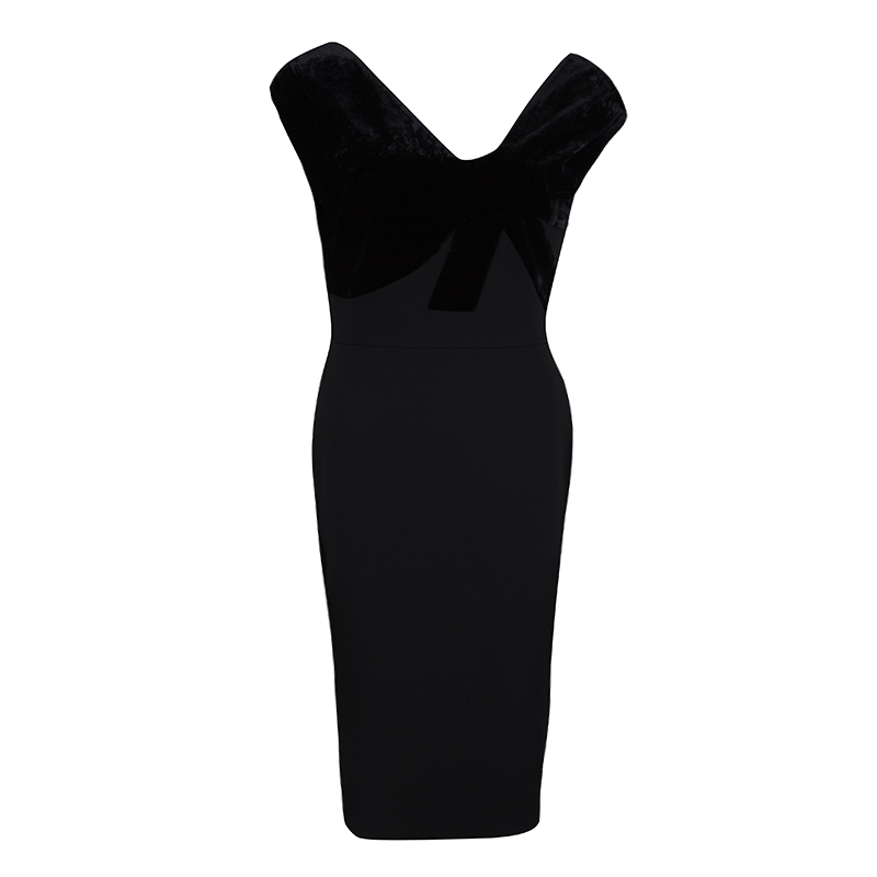 Victoria Beckham Black Wool Velvet Bodice Detail Sleeveless Dress L