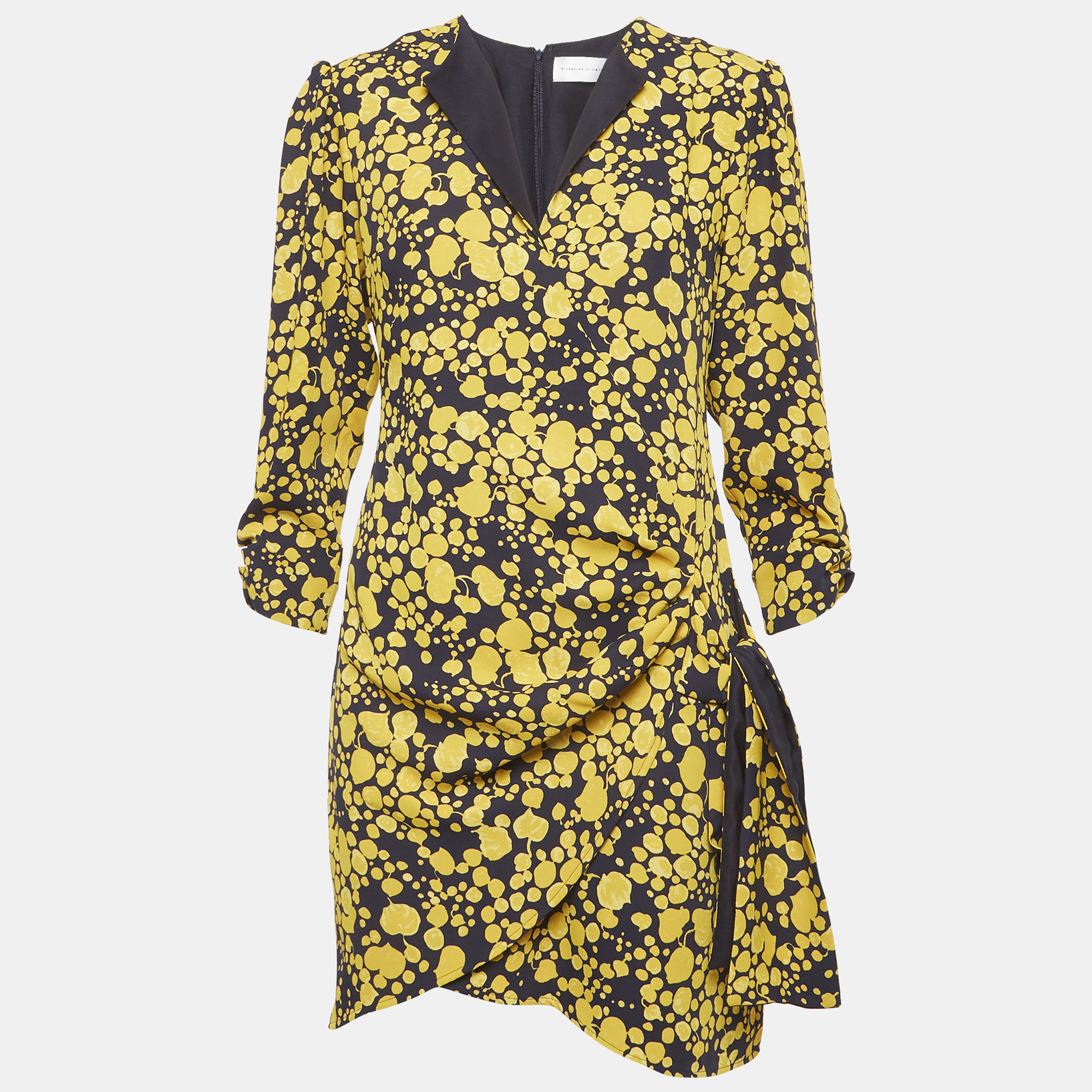 

Victoria Beckham Black/Yellow Printed Crepe Wrap Mini Dress S