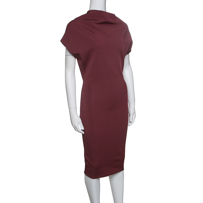 

Victoria Beckham Burgundy Knit Draped High Neck Bodycon Dress