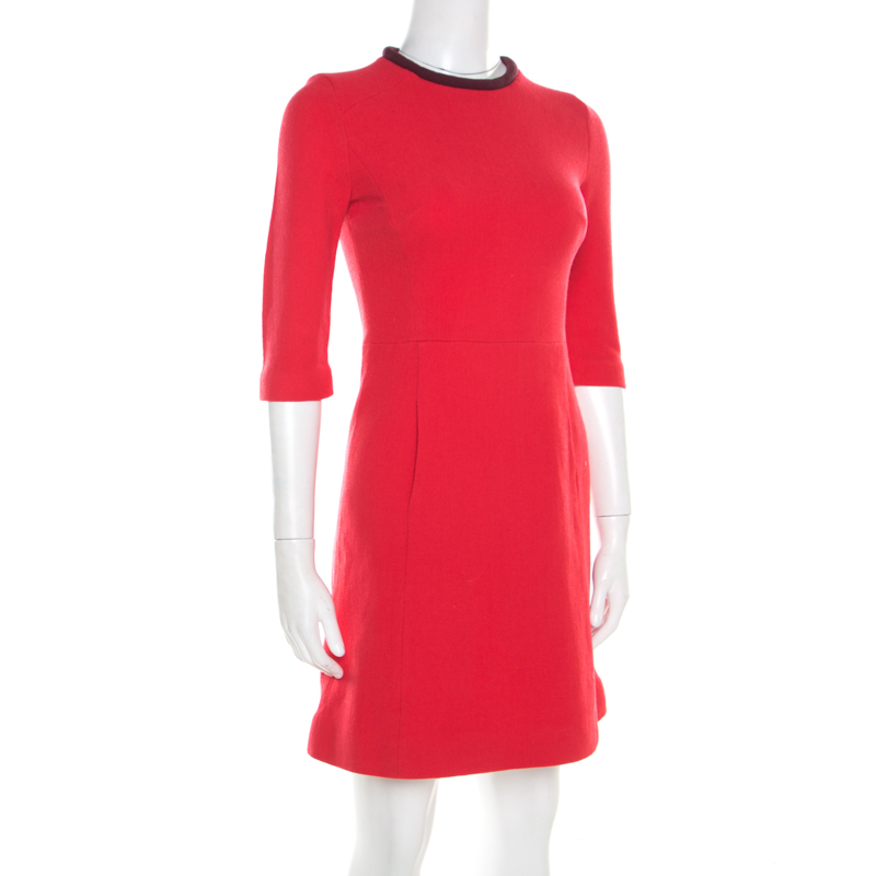 

Victoria Victoria Beckham Coral Red Crepe Wool Contrast Neck Sheath Dress