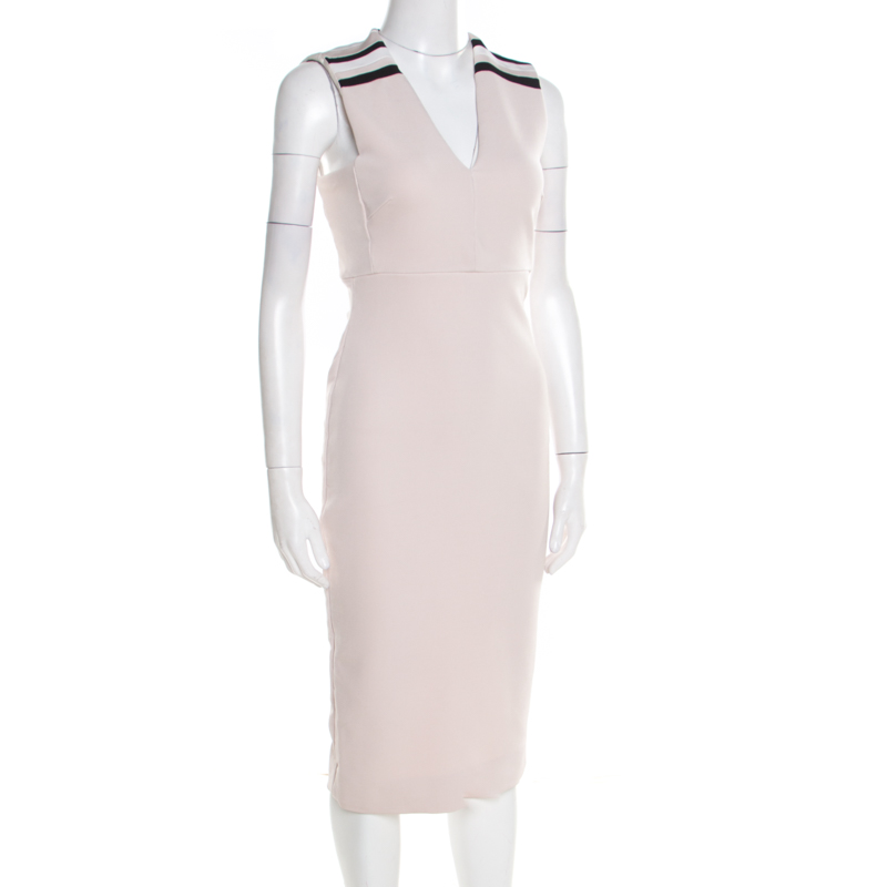 

Victoria Beckham Blush Pink Striped Shoulder V-Neck Sleeveless Pencil Dress