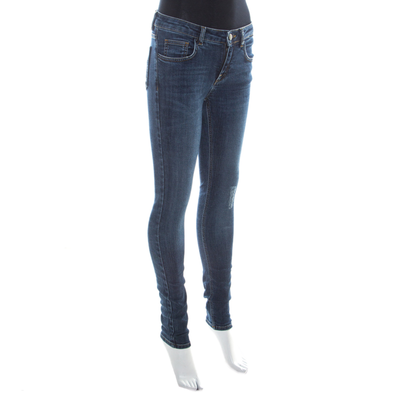 

Victoria Beckham Indigo Faded Effect Denim Distressed Skinny Jeans, Blue