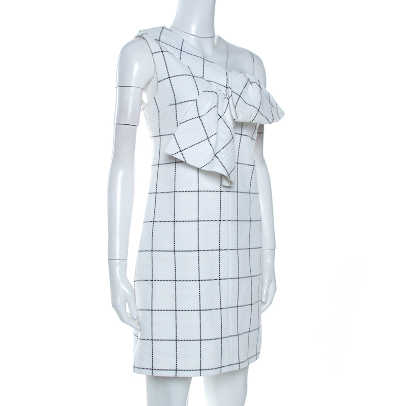 

Victoria Victoria Beckham Windowpane Check Cotton One Shoulder Dress, White