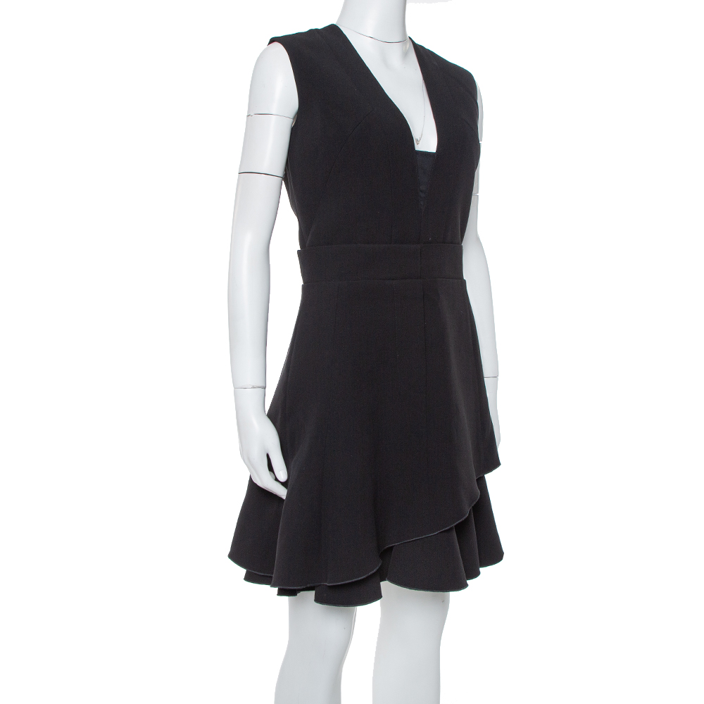 

Victoria Beckham Black Tier Skirt Detail Plunge Neck Short Dress