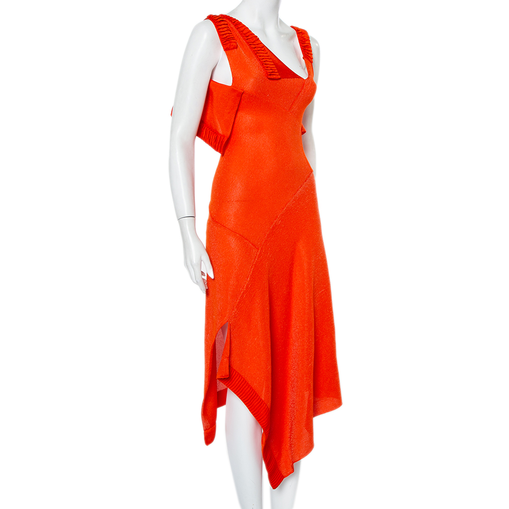 

Victoria Beckham Orange Mesh Knit Ruffle Detail Asymmetric Hem Midi Dress