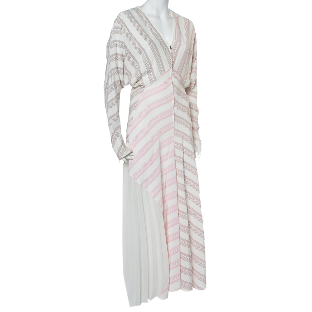 

Victoria Beckham White Striped Silk & Chiffon Paneled Maxi Dress