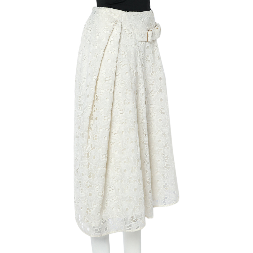 

Victoria Beckham Off-White Floral Lace Pleated Asymmetric Hem Midi Skirt, Cream