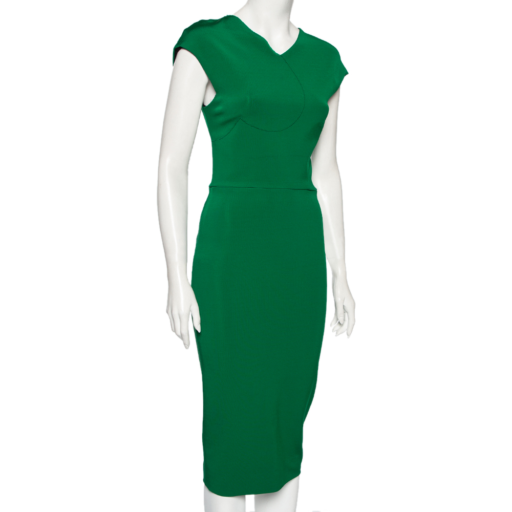 

Victoria Beckham Green Stretch Knit Cap Sleeve Heart Midi Dress