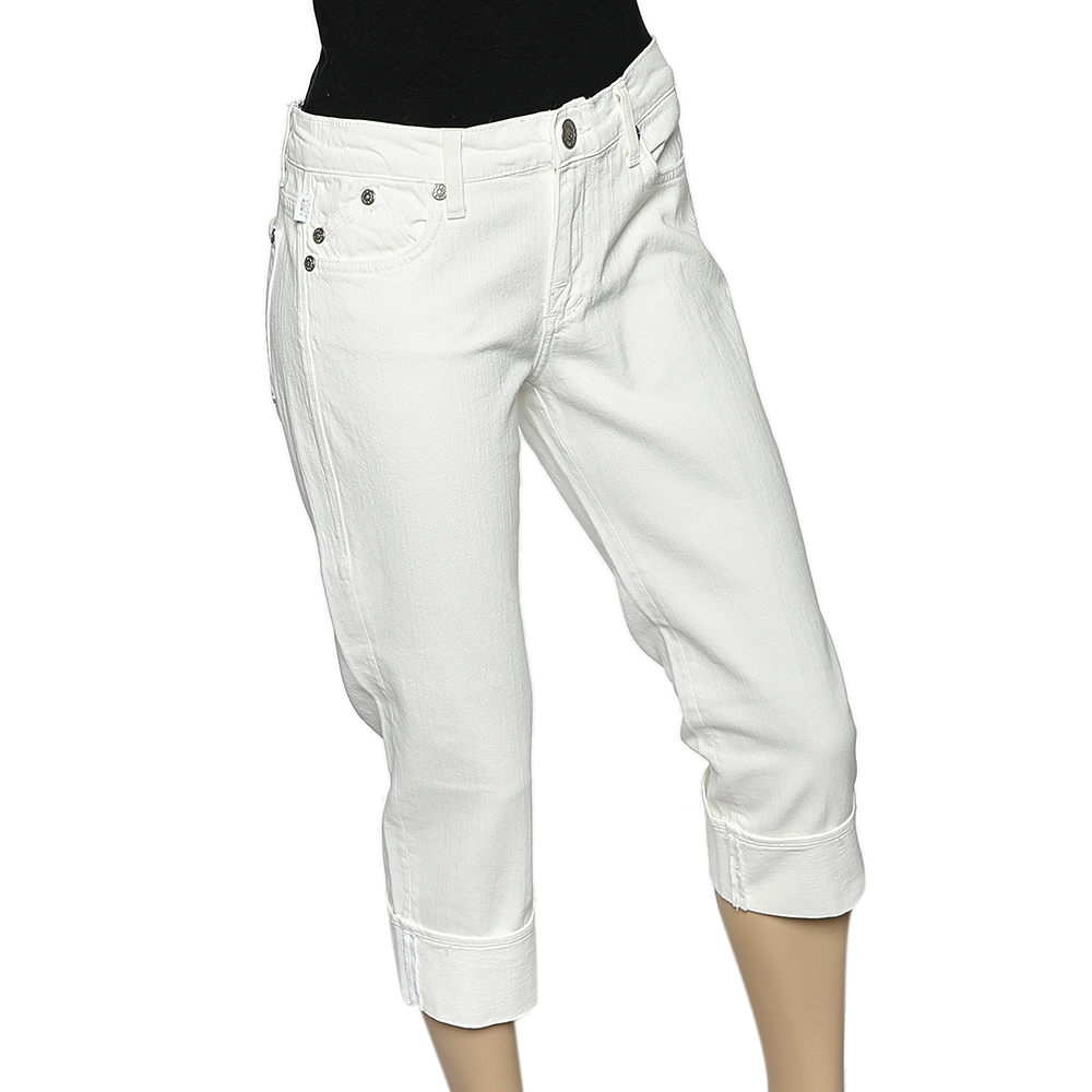 

Victoria Beckham X Rock & Republic White Denim Crown Embroidered Capri Jeans