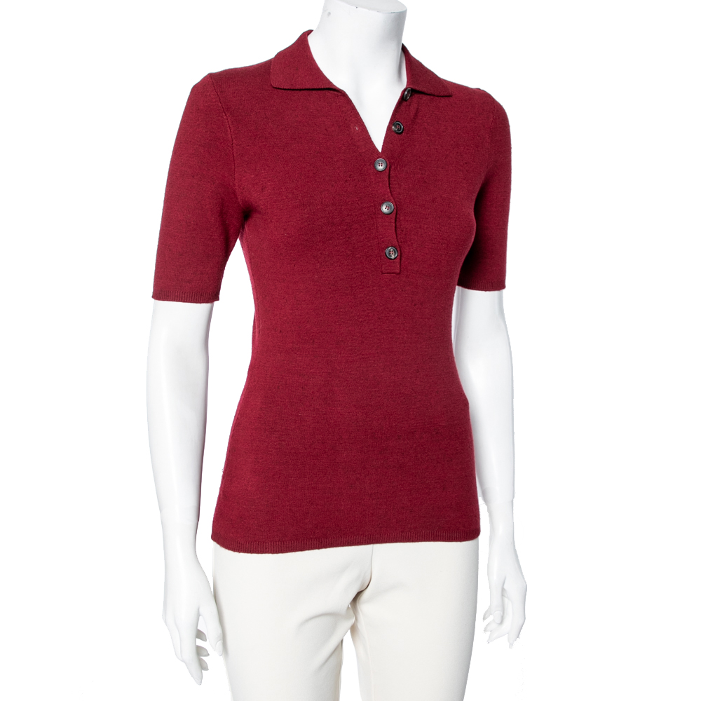 

Victoria Beckham Burgundy Wool Blend Knit Polo T-Shirt