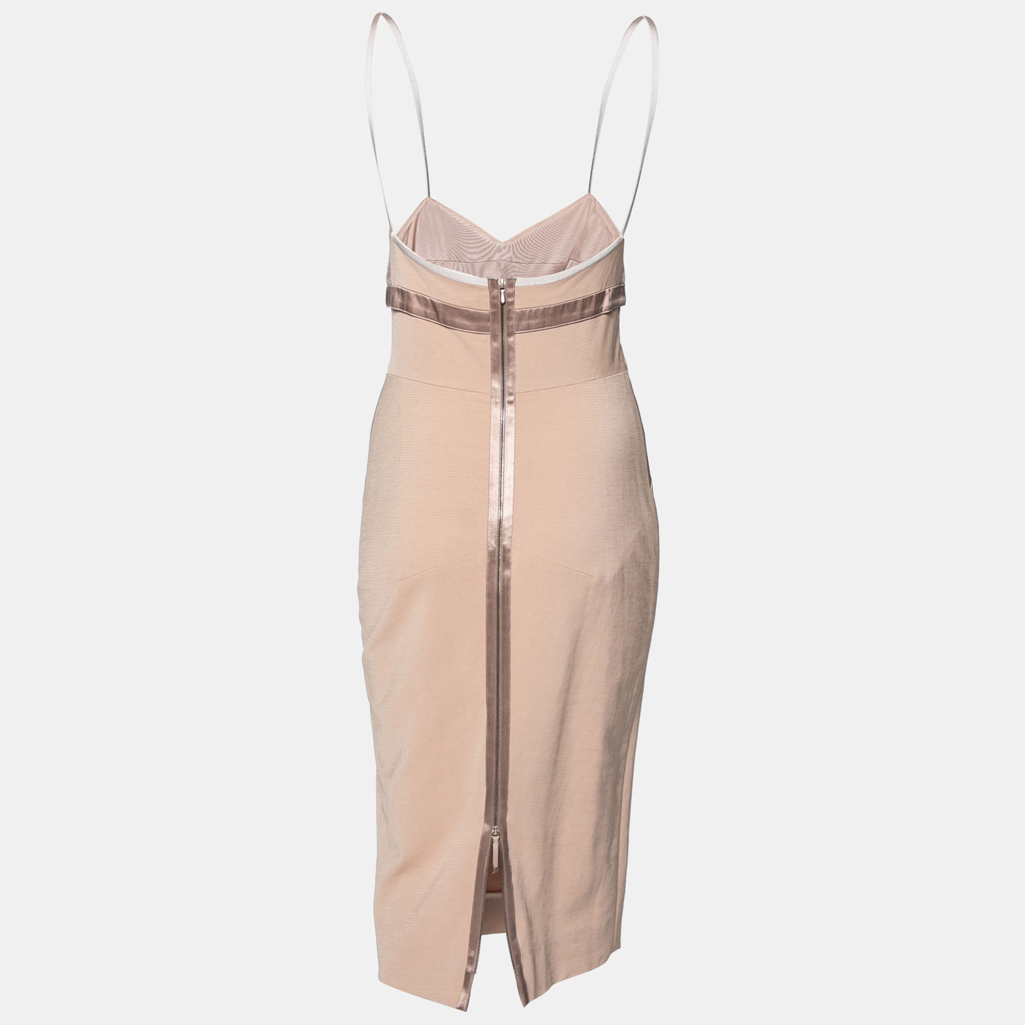 

Victoria Beckham Nude Knit Satin Trimmed Cut-Out Detailed Bodycon Dress, Beige